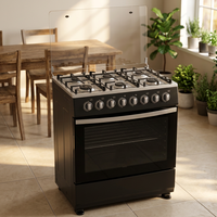 Cuisinière à gaz autoportante noire avec four, 6 brûleurs, dessus en acier inoxydable, pour cuisine domestique