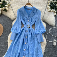 Robe décontractée élégante pour femme WIWT, coupe trapèze, broderie en dentelle, col à revers, manches longues, ceinture, boutonnée, longueur midi, pour un usage quotidien