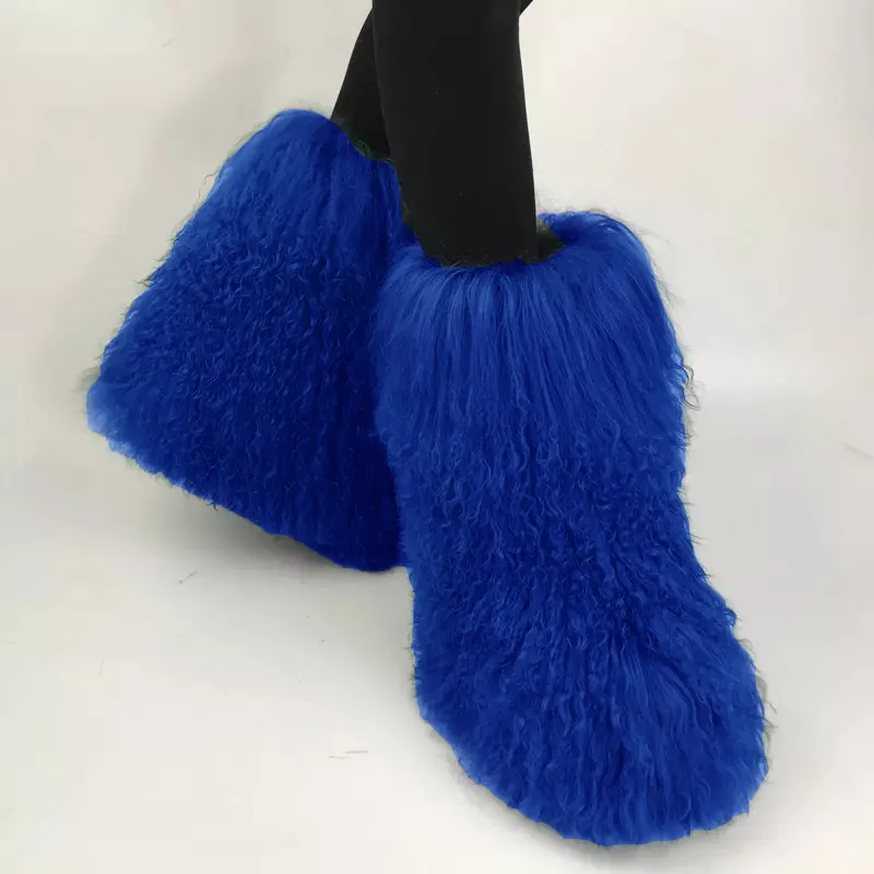 Factory Supply Women Winter Warm Flat Snow Boot Footwear Real Mongolian Fur Boots Blue color