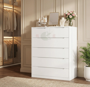 White Bedroom Vanity with 6 Wooden Drawers, Tall Cabinet &amp; Modern Smooth Metal <strong>Slides</strong>, Handleless Design - Product Image 4