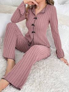 Pyjamas et chemises de nuit pour femmes, automne-hiver, style européen et américain, à revers et nœud, mode sexy à manches longues, ODM - Product Image 6