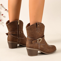 Bottines Western brodées pour femmes, bout rond, talon bloc, fermeture éclair latérale, avec sangle à boucle métallique, pour l'automne et l'hiver
