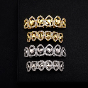 เครื่องประดับฮาโลวีนขายส่ง ชุบทอง เงิน สีเมทัลลิก สไตล์ฮิปฮอป ทองเหลืองและเพชรซิร์คอน ชุดกริลล์รูปหัวใจแบบโปร่ง 6 ชิ้น - Product Image 6