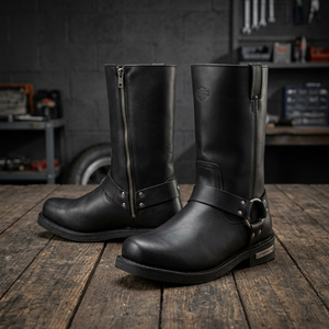 <b>Black</b> Genuine Leather Solid Front Motorcycle Riding <b>Boots</b> Square Toe Side Zipper Low Heel Outdoor <b>Work</b> <b>Boots</b> Adults Unisex - Product Image 2