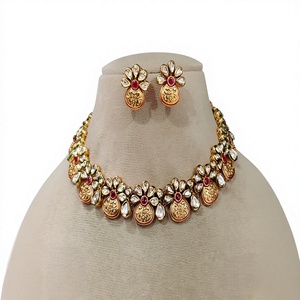 Exquisite Gold Plated Alloy Flower Necklace Earrings <b>Set</b> with <b>Crystal</b> Rhinestone and Red Stone for Women Wedding Jewelry - Product Image 2