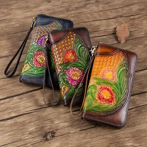 Custom Embossed Leather Wallets New Arrival Ladies Wallet Long Clutch Embossed Flower Zipper Wallet