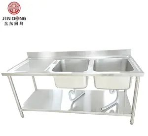 Vegetable Wash Basin 304 Stainless Steel Sink Large Commercial Double Slots Modern Kitchen Sink With Compartment Shelf