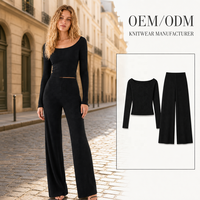 Vente en gros de vêtements pour femmes, ensemble deux pièces en tricot côtelé à manches longues et pantalon large, sur mesure ODM, pour l'automne et l'hiver