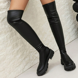 Botas altas hasta el muslo elásticas y ajustadas para mujer, con plataforma antideslizante y tacón grueso, para fiestas y uso diario. - Product Image 1