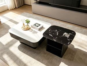 Black <b>White</b> Marble Square Nesting Coffee <b>Table</b> Set, <b>Rounded</b> Corner Storage Drawer & Open Shelf Combination Side <b>Table</b> For Living - Product Image 4