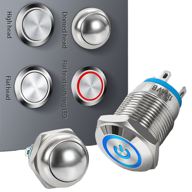 Stainless Steel 3A 12V IP65 Waterproof Self-Locking Self-Resetting Lighted Power Button Switch 12/16/19/22mm for Electric Home