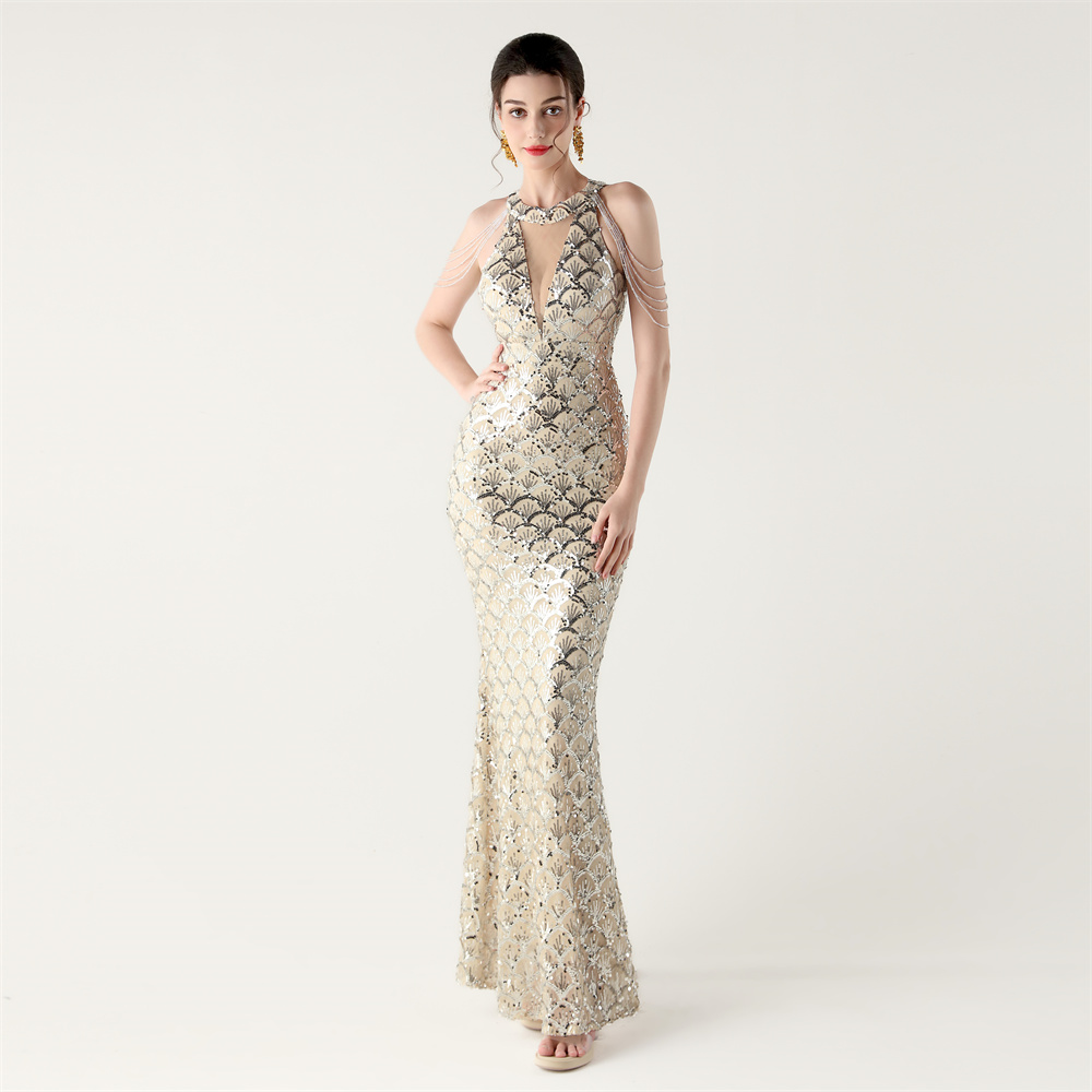 gold sequin fishtail dress Backless V-Neck Sequined Slim-Fit Fishtail Dress Black Gold / XS main image 0