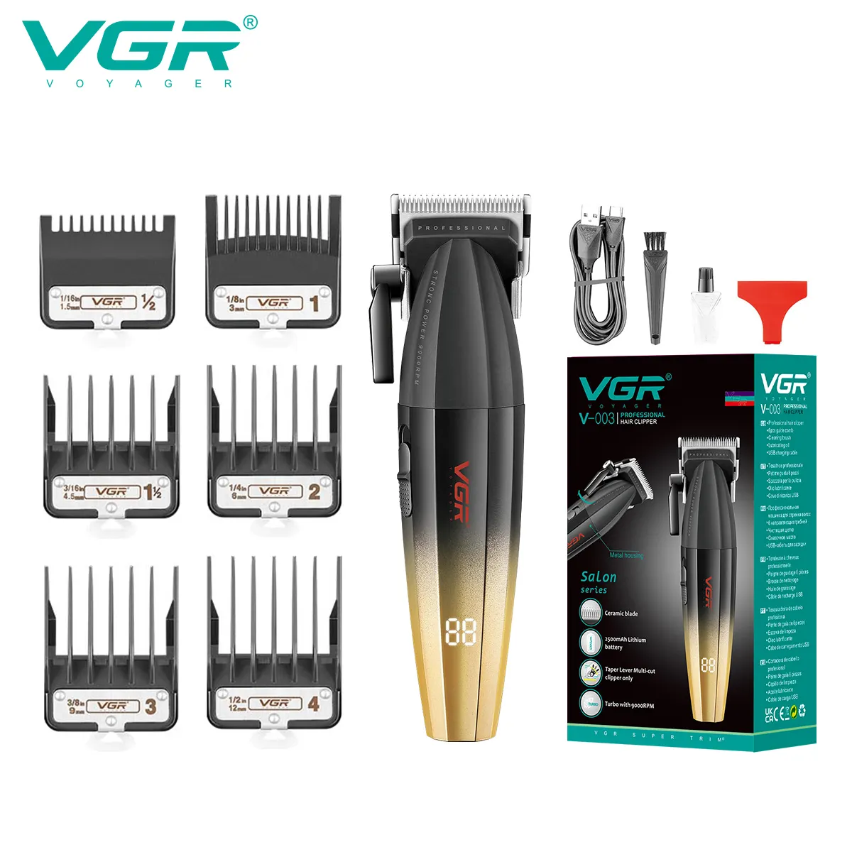 VGR V-003 9000RPM Tondeuse en métal pour salon de coiffure Tondeuse à cheveux professionnelle rechargeable pour hommes