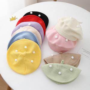 Chapeau béret en laine <span class=keywords><strong>de</strong></span> coton tricoté pour bébés garçons et filles, style artiste français, avec pompon, respirant, pour l'automne et l'hiver - Product Image 2