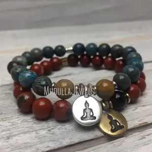 WMB31477 Natural Gemstone Red And Ocean Jasper Onyx Beaded Wrist Mala Power Of Stone Mandala Meditation Yoga Prayer Bracelet