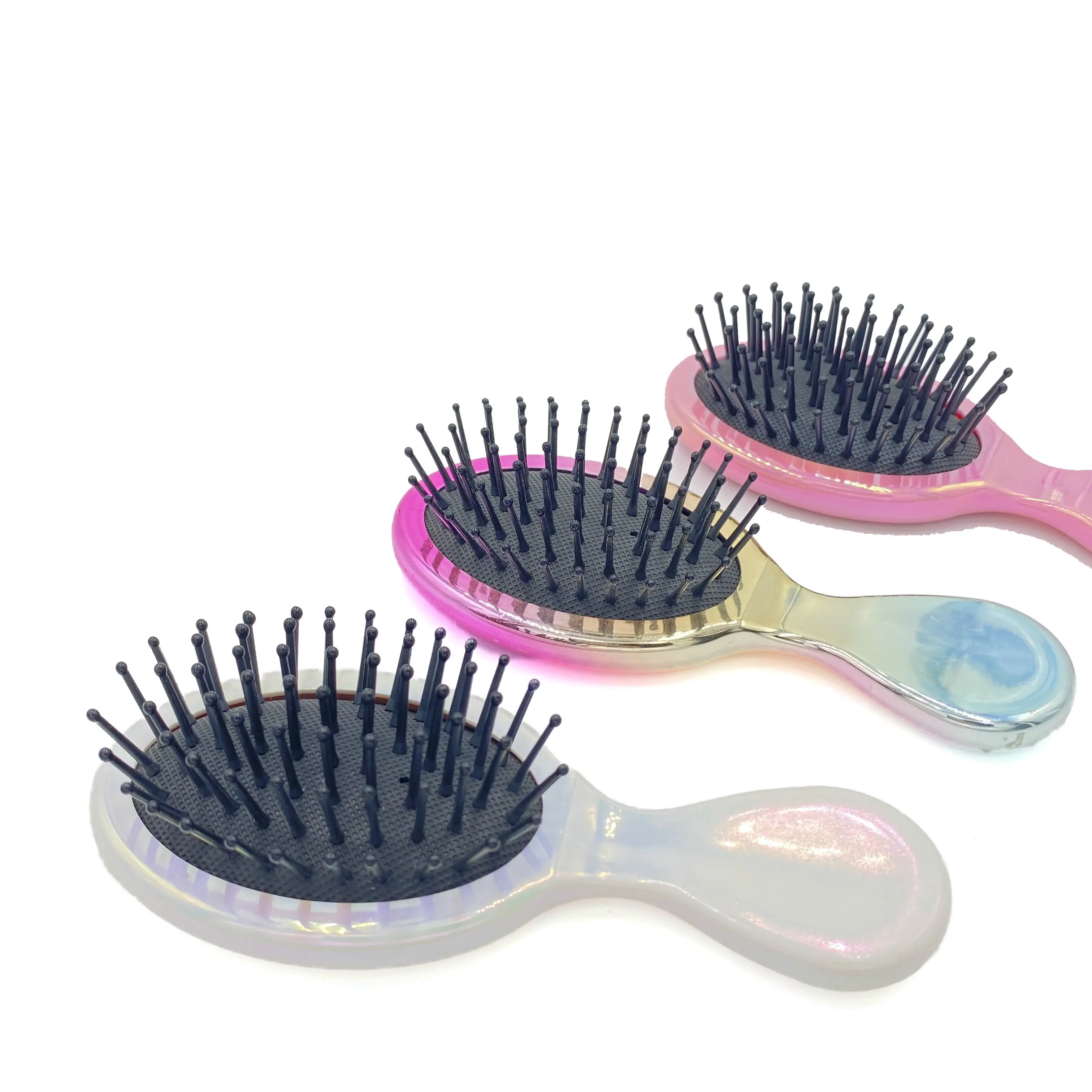 Custom Plated Colorful Nylon Pin Bristle Handheld Anti Static Cushion Paddle Pocket Detangling Rose Gold Kids Mini Hair Brush