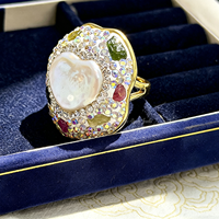 Bague ajustable en alliage avec perle baroque naturelle d'eau douce en forme de cœur et tourmaline incrustée, pour femme, idéale pour les fêtes ou comme cadeau
