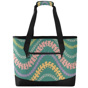Sac isotherme de courses et de pique-nique à fermeture éclair, imprimé personnalisé motif fleurs de lei hawaïennes, avec bandoulières, capacité 36 canettes - Product Image 2