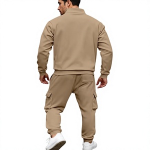 Men's Khaki Quarter-Zip Sweatshirt Set Casual Joggers French Terry Solid Color Autumn Wear - Product Image 3