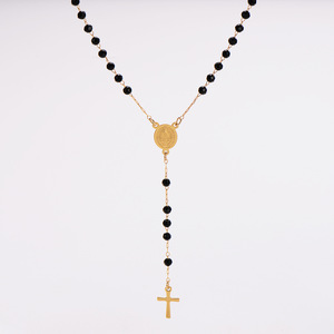 Collana Rosario Cristiana con Croce in Acciaio Inox Placcato Oro 18K e Perline di Cristallo Colorate, Stile <span class=keywords><strong>San</strong></span> Benedetto - Product Image 1