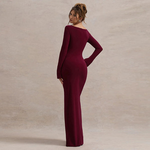 Aanpassen Bodycon <span class=keywords><strong>Sexy</strong></span> Casual Jurk Asymmetrische Kraag Lange Mouw Slanke Split Maxi Nachtclub Feestjurk Vestidos Voor Dames - Product Image 2