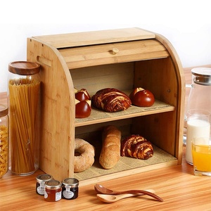 Boîte à pain, boîtes à pain <span class=keywords><strong>en</strong></span> <span class=keywords><strong>bambou</strong></span> à 2 étages pour le stockage des aliments dans la cuisine, boîte à pain de grande capacité avec couvercle à roulettes et couche amovible - Product Image 2
