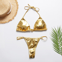 Baju Renang Bikini Dua Potong Model Halter Segitiga Metalik Mikro Thong Cepat Kering dengan Bra Push Up dan V-String Berkilau untuk Wanita 2025