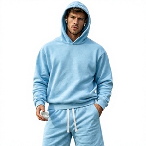 Men's Light Blue Hooded <b>Fleece</b> <b>Sweatshirt</b> and Pants Set Casual Autumn Wear Solid Color Tracksuit - Product Image 1