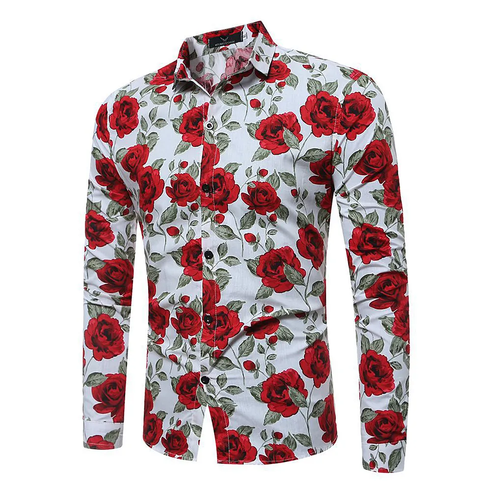 Plus size Men's Long Sleeve Casual Shirt Fashion Rose Flower 3D Print Floral Shirt Turn-down Collar Slim Fit Shirt Mens Clothing