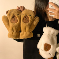 Mitaines en peluche Capybara mignonnes pour femme, hiver, doublure polaire en plumes de poulet, longueur opéra, design à suspendre au cou, gants anti-froid