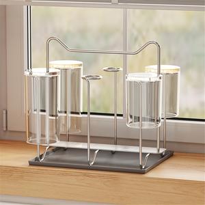 304 Stainless Steel Modern Single Tier Wall Mounted Cup Holder <b>Rack</b> with Drain and Inverted Buckle Design - Product Image 2
