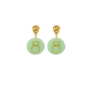 Fashion Drop <b>Earrings</b> 316L Stainless Steel PVD Gold Plating Sustainable Resistant Round Green <b>Cat</b> Design - Product Image 1