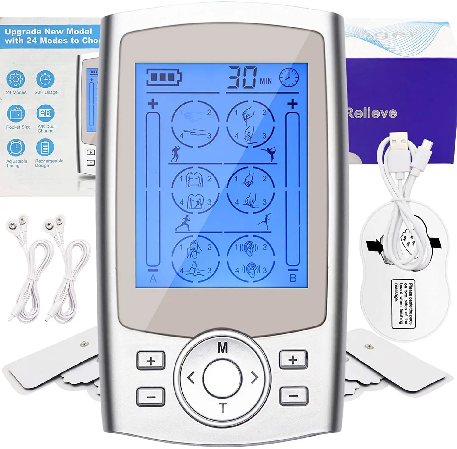TENS Unit 24 Mode Electric Massage Device EMS Muscle Stimulation Therapy Device Relaxation Body Massage Device Pulse Weight Loss