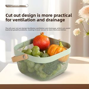 Modern Portable Rectangle Metal Wire Multifunctional Hollow <b>Storage</b> Organizer <b>Basket</b> with Wood Handle for Fruit <b>Vegetable</b> - Product Image 2