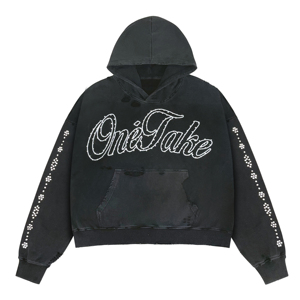 Sudadera con Capucha para Hombre, Estilo Vintage, Negra Lavada, con Estampado de Letras, Manga Larga, con Pedrería Vertical, de Alta Calidad, Talla Grande - Product Image 1