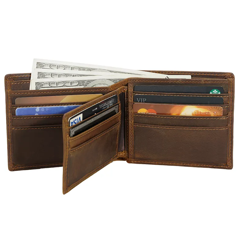 Custom Handmade Custom Logo Large Capacity Vintage Men Genuine Leather Money Card Wallet Multiple Card Bifold Wallet