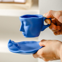 Tasses à café en céramique au design artistique de luxe léger avec plateau, 90 ml et 250 ml, en grès, pour couples et amis – Idéal comme cadeau