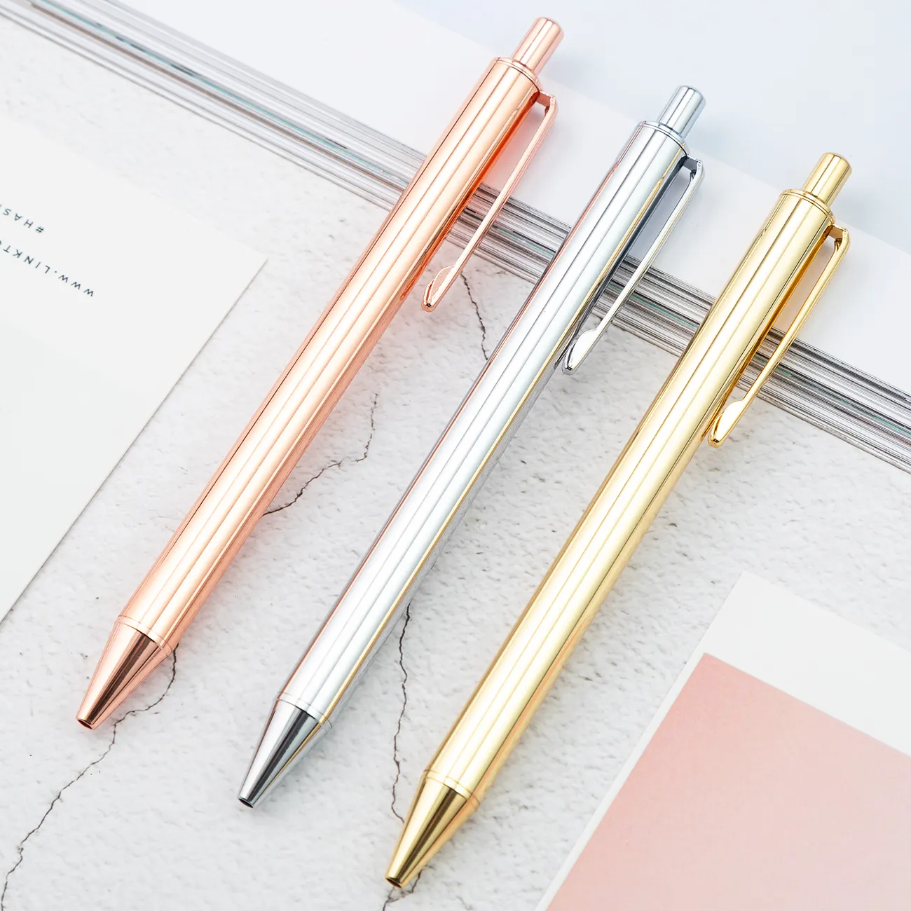 Hot rose gold silver click pen office business gift fabbrica di penne a sfera OEM di marca personalizzata