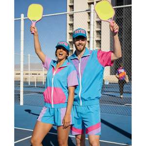 ชุดเซ็ตแทรคสูทผู้ชายสไตล์เรโทรยุค 80 แบบ 2 ชิ้น สีสันตัดกัน เสื้อแจ็คเก็ตแขนสั้นและกางเกงขาสั้น แห้งเร็ว สไตล์วินเทจ เหมาะสำหรับงานปาร์ตี้ - Product Image 6