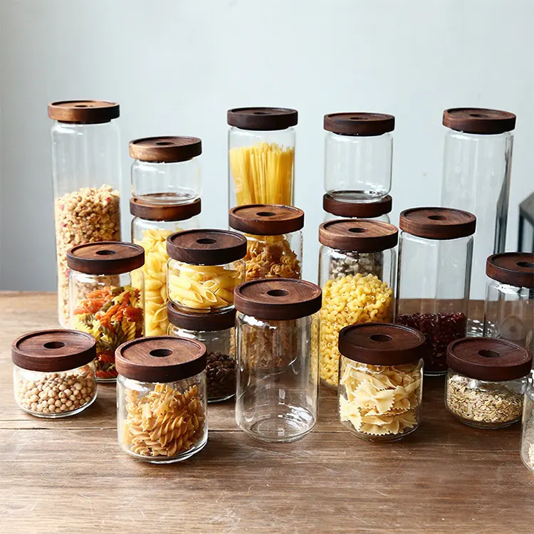 Eco friendly kitchen storage 500ml 750ml high borosilicate airtight glass jar with acacia wood lid