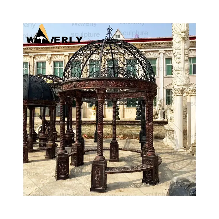 Desain kustom dekorasi taman luar ruangan 2m logam teras Gazebos Pavilion berat bulat cor besi antik Gazebo besi