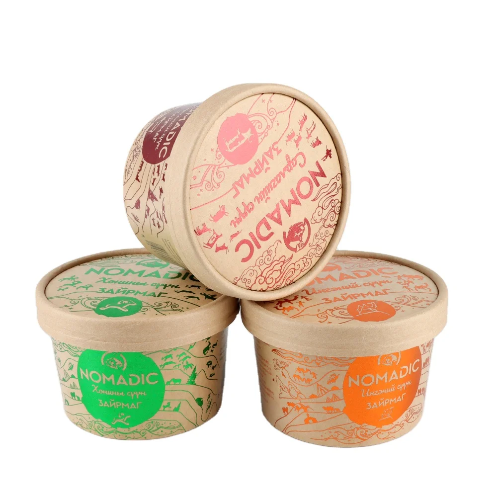 customized gold stamping Paper ice cream cups with paper lids brown paper sundae bowl disposable kraft frozen yogurt cupPopular