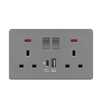 Prises murales universelles standard UE/Royaume-Uni 13A 45A 220V, panneau PC gris mat, prise électrique avec interrupteur USB Type C