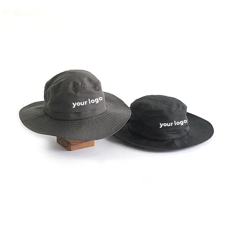 Sombrero de pescador de ala ancha con parte superior plana para exteriores personalizado, sombrero de pescador de verano con cuerda elástica, sombrero para el sol para escalar montañas