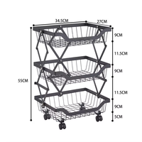 Chariot de rangement de cuisine pliable de haute qualité avec revêtement en poudre - Chariot mobile en métal noir avec roues pour fruits et légumes