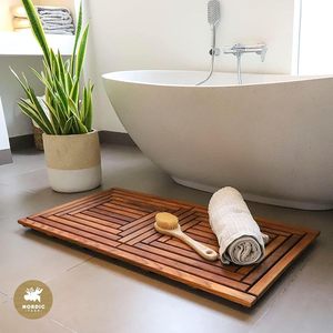 Tapis de salle de bain rectangulaire en teck massif nordique, antidérapant, motif géométrique - Product Image 1