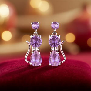 Orecchini Pendenti E3824 con Ametista a Forma di Gatto, in Argento 925, Design Animale Carino, Gioielli da Donna per Uso Quotidiano - Product Image 2
