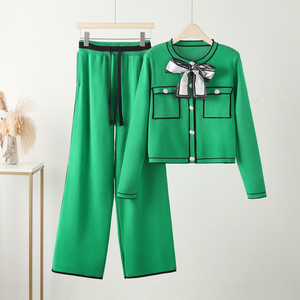 Cárdigan corto con cuello redondo y pecho abierto, <span class=keywords><strong>pantalones</strong></span> holgados de cintura alta, conjunto doble, novedad de Primavera al por mayor - Product Image 4