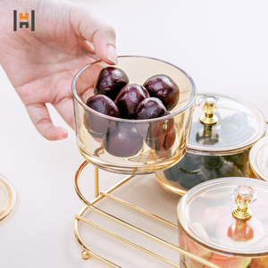Plato de fruta de vidrio de lujo, redondo, creativo, con cubierta, rejillas divididas, tazón de almacenamiento con soporte de Metal - Product Image 3
