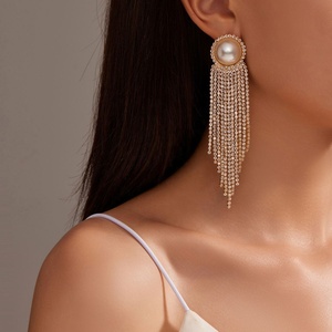 High-End Luxury Women's Trendy Geometric Imitation Pearl Rhinestone Gold Plated Zinc Alloy Drop <b>Earrings</b> <b>Long</b> Tassel Fashionable - Product Image 3